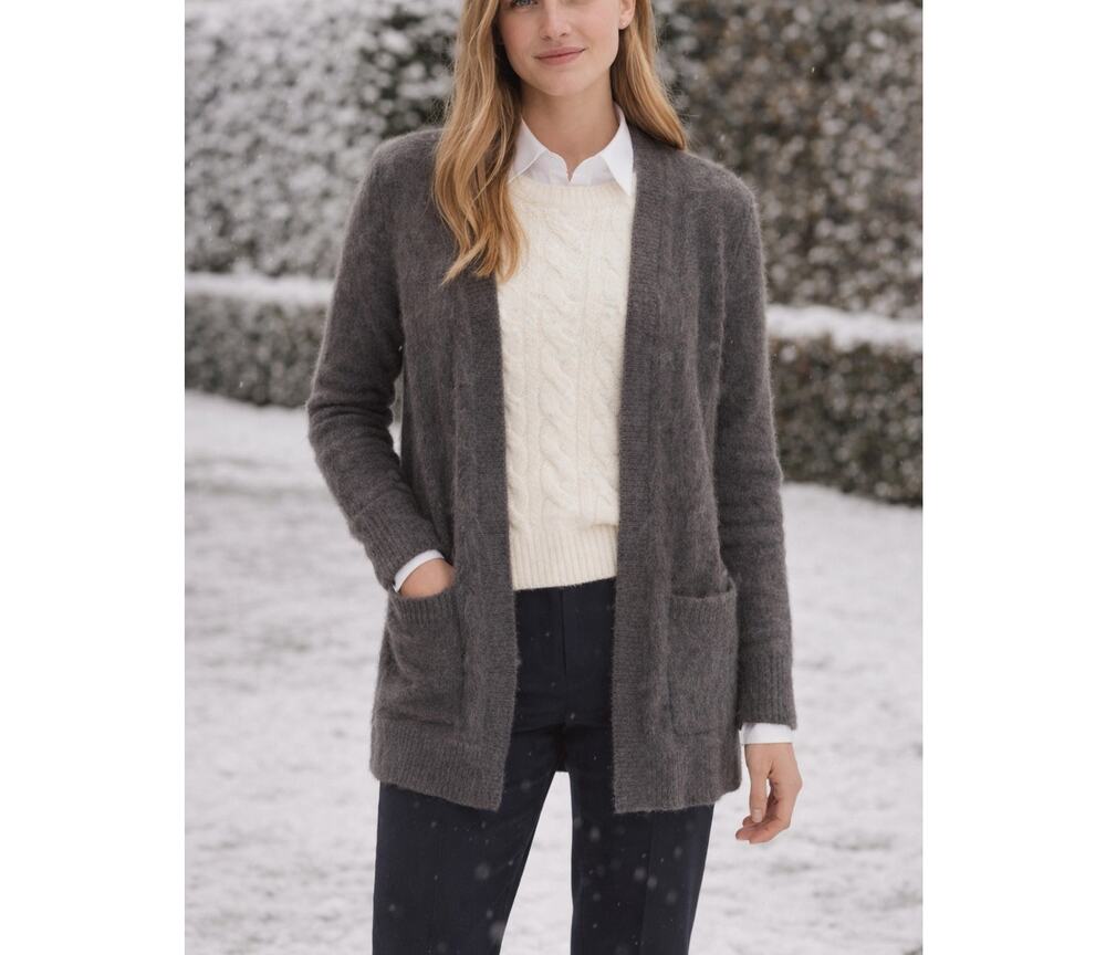 Theory Angora Cardigan Sweater Womens Size Small Gray Fuzzy Preppy Winter